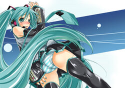  aqua_eyes aqua_hair aqua_nails ass ayano_naoto blush commentary_request female hatsune_miku long_hair nail_polish panties solo striped_clothes striped_panties thighhighs twintails underwear very_long_hair vocaloid 