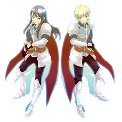  2boys armor bad_id bad_pixiv_id black_eyes black_hair blonde_hair blue_eyes boots cape flynn_scifo flynn_scifo_(fedrock_knight&#039;s_honor) grin kiyu_maru knee_boots long_hair male_focus multiple_boys official_alternate_costume smile tales_of_(series) tales_of_vesperia white_background yuri_lowell yuri_lowell_(fedrock_knight&#039;s_spirit) 