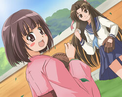  2girls baseball baseball_mitt blunt_bangs brown_eyes brown_hair commentary_request dutch_angle japanese_clothes ki_(adotadot) kimono long_hair multiple_girls ogasawara_akiko school_uniform serafuku short_hair skirt suzukawa_koume taishou_yakyuu_musume 