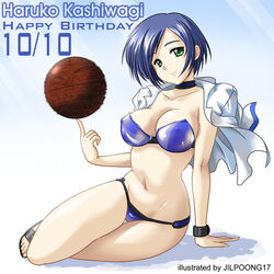  arm_support ball basketball basketball_(object) bikini blue_hair feet female green_eyes happy_birthday imageboard_desourced jacket jilpoong17 kashiwagi_haruko muv-luv navel non-web_source open_clothes open_jacket photoshop_(medium) purple_bikini sandals short_hair sitting solo spinning swimsuit watch wristwatch yokozuwari 