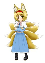  alice_margatroid alice_margatroid_(cosplay) animal_ears blonde_hair commentary_request cosplay female fox_ears fox_tail hairband multiple_tails short_hair solo suzuya_wataru tail touhou yakumo_ran yellow_eyes 