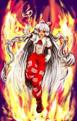  boots commentary_request female fiery_wings fire fujiwara_no_mokou grey_hair hair_ribbon hand_in_pocket long_hair mogukk open_mouth pants red_eyes ribbon shirt shoes solo suspenders touhou white_shirt wings 