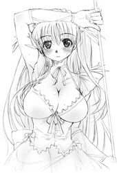  arm_up armpits blush breasts bustier choker cleavage commentary_request female greyscale hands haramura_nodoka large_breasts monochrome no_bra nodocchi ribbon_choker saki_(manga) sketch solo upper_body yamaguchi_homupe 