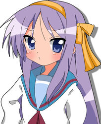  blue_eyes blue_sailor_collar commentary_request cosplay female hairband hiiragi_kagami kita_high_school_uniform long_hair lucky_star orange_hairband photoshop_(medium) purple_hair rakisana sailor_collar school_uniform serafuku solo suzumiya_haruhi suzumiya_haruhi_(cosplay) suzumiya_haruhi_no_yuuutsu winter_uniform 