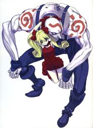  1boy absurdres belt belt_skirt blonde_hair boots bow choker couple cross effie_(street_fighter) female green_eyes highres miwa_shirow necro_(street_fighter) pale_skin scan smile straight street_fighter street_fighter_iii_(series) tattoo twintails zipper 