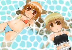  2girls bikini blonde_hair braid brown_eyes commentary flat_chest horns ibuki_suika kirisame_marisa long_hair md5_mismatch midriff multiple_girls navel orange_hair resolution_mismatch source_smaller suzuya_wataru swimsuit touhou water yellow_eyes 