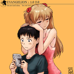  1boy black_hair brown_hair commentary_request female handheld_game_console ikari_shinji ikeda_(cpt) long_hair neon_genesis_evangelion photoshop_(medium) rebuild_of_evangelion shirt short_hair souryuu_asuka_langley t-shirt tank_top tsundere twintails video_game wonderswan 