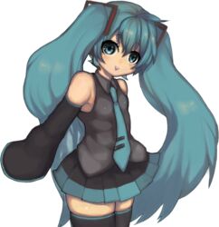  aqua_eyes aqua_hair bad_id bad_pixiv_id detached_sleeves female hatsune_miku headphones headset long_hair necktie rocb simple_background skirt smile solo thighhighs twintails very_long_hair vocaloid zettai_ryouiki 