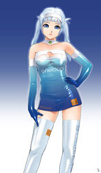  bare_shoulders blue_eyes blue_hair breasts cleavage cleavage_cutout clothing_cutout commentary_request elbow_gloves female gloves hairband hand_on_own_hip large_breasts original personification photoshop_(medium) see-through solo thighhighs twintails yukiyoshi 