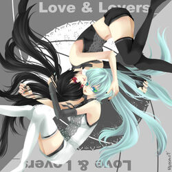  2girls aqua_eyes aqua_hair bad_id bad_pixiv_id black_hair black_vs_white hatsune_miku long_hair multiple_girls photoshop_(medium) red_eyes reika_(iamreika) smile thighhighs twintails ura-omote_lovers_(vocaloid) very_long_hair vocaloid zatsune_miku 