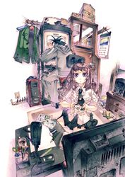  2girls blue_eyes calendar_(object) commentary_request computer controller desk desktop eraser game_console game_controller gamepad mechanical_pencil multiple_girls necktie original pencil purple_eyes room ruler scissors stationery wooden_pencil xbox_360 yoshida_tooru 