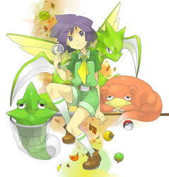  1boy androgynous apricorn ascot bad_id bad_pixiv_id blade bugsy_(pokemon) butterfly_net commentary_request hand_net holding kneehighs leaf magnifying_glass male_focus metapod mikami poke_ball poke_ball_(basic) pokemon pokemon_(creature) pokemon_hgss purple_eyes purple_hair scyther shorts sitting slowpoke smile socks wings 