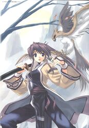  amazuyu_tatsuki animal_ears bird blue_eyes coat color_halftone female head_wings highres katana purple_hair scan smile solo sword touka_(utawarerumono) utawarerumono weapon wings 