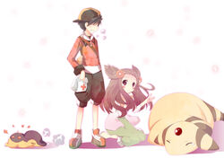  1boy alternate_costume ampharos anklet backwards_hat baseball_cap black_hair blush brown_eyes brown_hair closed_eyes commentary_request cross cyndaquil dirty dress ethan_(pokemon) female fire grin hair_ornament hat jasmine_(pokemon) jewelry long_hair medicine no_fire plus9 pokemon pokemon_(creature) pokemon_hgss red_cross sandals secret_potion sick smile tears two_side_up 