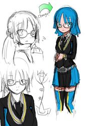  bad_id bad_pixiv_id belt blue_eyes blue_hair female glasses kamen_rider kamen_rider_dcd kamen_rider_diend kamiyama_kenta personification short_hair sketch thighhighs 