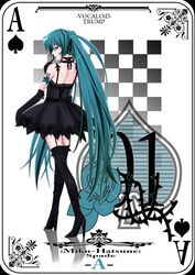  bad_id bad_pixiv_id black_dress card card_(medium) dress elbow_gloves female futaba_(artist) gloves hatsune_miku high_heels highres legs long_hair looking_back photoshop_(medium) playing_card shoes solo spade_(shape) tattoo thighhighs twintails very_long_hair vocaloid zettai_ryouiki 