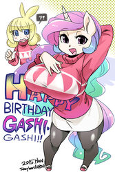  !? 2girls animal_ears arm_up black_legwear blue_eyes borrowed_character breasts celestia_(my_little_pony) colored_skin commentary cosplay crossover english_commentary english_text flat_chest furrification furry furry_female gradient_hair happy_birthday highres horns horse_ears horse_girl horse_tail huge_breasts long_hair miniskirt multicolored_hair multiple_girls my_little_pony my_little_pony:_friendship_is_magic original photoshop_(medium) pink_eyes pink_hair sayaka-chan_(gashi-gashi) shepherd0821 single_horn skirt sweater tail turtleneck turtleneck_sweater unicorn_girl white_skin 