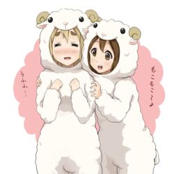  2girls animal_costume blonde_hair brown_eyes brown_hair closed_eyes commentary_request hirasawa_yui k-on! kotobuki_tsumugi long_hair multiple_girls sheep_costume shizupu 