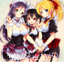  3girls \m/ ayase_eli black_hair blonde_hair blue_eyes breasts cleavage commentary_request copyright_name earrings etsuo green_eyes jewelry large_breasts love_live! love_live!_school_idol_project maid_headdress medium_breasts mogyutto_&quot;love&quot;_de_sekkin_chuu! multiple_girls ponytail purple_hair red_eyes skirt small_breasts tojo_nozomi yazawa_nico 