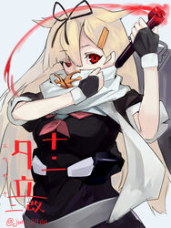  blonde_hair character_name commentary_request covering_own_mouth female fingerless_gloves gloves hair_flaps hair_ornament hair_ribbon hairclip highres holding holding_torpedo kantai_collection long_hair red_eyes ribbon rigging scarf semidou_jun torpedo twitter_username upper_body yuudachi_(kancolle) yuudachi_kai_ni_(kancolle) 