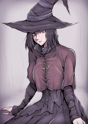  bad_id bad_pixiv_id black_dress black_hair black_hat brown_cloak cloak commentary_request dark_souls_(series) dark_souls_iii dress female gggg hat highres karla_(dark_souls_3) long_sleeves looking_at_viewer parted_lips purple_eyes short_hair sitting solo torn_clothes turtleneck turtleneck_dress witch witch_hat 