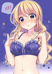  :o blonde_hair blush bra breasts cleavage collarbone commentary_request embarrassed empty_eyes female frilled_bra frills gradient_background heart lips long_hair looking_away looking_down medium_breasts navel nikaidou_natsuko no_pupils nose_blush open_mouth purple_background purple_bra solo speech_bubble spoken_blush star_(symbol) starry_background stomach swap_swap tareme tottoto_tomekichi underwear underwear_only upper_body wavy_hair 