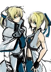  1boy blonde_hair breasts commentary_request da_panda female fingerless_gloves genderswap_(mtf) gloves green_eyes guilty_gear guilty_gear_xrd highres ky_kiske kyko long_hair m.u.g.e.n midriff navel open_clothes open_shirt ponytail ribbon rule_63 shirt 