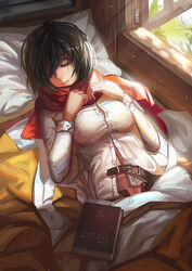  belt black_hair book buckle closed_eyes commentary female light_rays mikasa_ackerman open_belt photoshop_(medium) saber_01 scarf shingeki_no_kyojin short_hair sleeping smile solo sunbeam sunlight window 