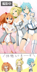  3girls 4-fingers_heart_hands bad_id bad_pixiv_id blonde_hair blowing_kiss blue_eyes blue_hair boots breasts cardfight!!_vanguard cellphone chibi cleavage commentary_request dress drill_hair ear_picking elbow_gloves fingerless_gloves gloves green_eyes hand_on_shoulder heart heart_hands heart_hands_duo highres interlocked_fingers long_hair mattaku_mousuke medium_breasts mirror multiple_girls one_eye_closed orange_hair outstretched_hand phone short_hair small_breasts smile tatsunagi_kourin tatsunagi_rekka tatsunagi_suiko thigh_boots thighhighs translated 