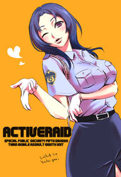  active_raid belt blue_hair breasts female heart hoshimiya_haruka lips long_hair one_eye_closed open_mouth orange_background purple_eyes skirt wink 