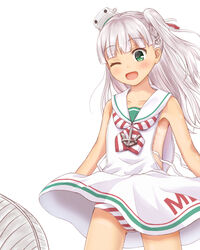  ;d anchor_hair_ornament anchor_necklace armpits bare_arms bare_shoulders blunt_bangs blush chains clothes_lift collarbone comiching commentary cowboy_shot diagonal-striped_clothes diagonal-striped_neckerchief dress dress_lift electric_fan female green_eyes grey_hair hair_ornament hair_ribbon highres jewelry kantai_collection long_hair looking_down maestrale_(kancolle) neckerchief necklace one_eye_closed one_side_up open_mouth panties pantyshot red_ribbon ribbon sailor_collar sailor_dress simple_background sleeveless sleeveless_dress smile solo standing striped_clothes striped_neckerchief striped_panties tan tanlines underwear untied vertical-striped_clothes vertical-striped_panties white_background white_dress white_sailor_collar wind wind_lift 