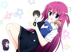  1boy 3girls black_eyes black_hair blue_eyes bow bowtie brown_eyes brown_hair chibi commentary_request grisaia_(series) grisaia_no_kajitsu highres irisu_makina kazami_yuuji long_hair multiple_girls necktie purple_hair sakaki_yumiko school_uniform shishi5816 short_hair short_sleeves suou_amane twintails 