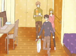  2boys ayase_chihaya bag bed brown_hair casual chihayafuru commentary_request computer drink female glasses long_hair mashima_taichi multiple_boys pants parajiku_(pi-pokun) sweater tray wataya_arata 