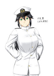  borrowed_character commentary_request female female_admiral_(kancolle) hair_between_eyes hat highres kantai_collection long_hair military military_uniform naval_uniform niwatazumi shiomi_kaoru solo translated uniform 