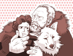  2boys a_song_of_ice_and_fire animification beard coat commentary_request facial_hair fur_trim ghost_(a_song_of_ice_and_fire) hug jeor_mormont jon_snow monochrome multiple_boys photoshop_(medium) red_theme wolf yd_switch 