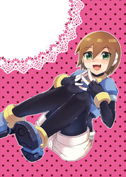  aile_(mega_man_zx) bodysuit brown_hair commentary_request female gloves green_eyes layered_sleeves long_sleeves mega_man_(series) mega_man_zx pantyhose_under_shorts sakuraba_(cerisier_x) short_hair short_over_long_sleeves short_sleeves shorts solo spandex 