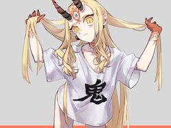  ashita_kura blonde_hair bottomless clothes_writing collarbone commentary earrings facial_mark fate/grand_order fate_(series) female hair_lift highres horns ibaraki_douji_(fate) jewelry long_hair looking_at_viewer oni oni_horns pointy_ears shirt solo symbol-only_commentary tattoo translated white_shirt yellow_eyes 