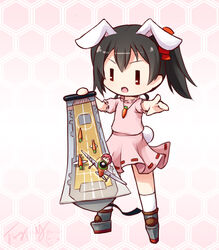  2girls aircraft airplane animal_ears black_hair brown_hair carrot_necklace chibi commentary cosplay dress inaba_tewi inaba_tewi_(cosplay) jewelry kantai_collection langbazi love_live! love_live!_school_idol_project mini_person minigirl multiple_girls necklace nishikino_maki pendant photoshop_(medium) pink_dress pointing pointing_at_viewer rabbit_ears ryuujou_(kancolle) ryuujou_(kancolle)_(cosplay) short_hair signature touhou twintails white_background yazawa_nico 