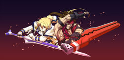  2boys blonde_hair brown_eyes brown_hair capelet commentary_request elbow_gloves exocet_(exocet4) fighting_stance fingerless_gloves gloves guilty_gear guilty_gear_xrd highres junkyard_dog_mk_iii ky_kiske lighter long_hair magnolia_eclair_ii multiple_boys muscular ponytail reverse_grip sol_badguy spiked_hair sword uniform very_long_hair weapon 