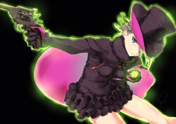  ange_(princess_principal) aura black_background black_gloves black_hat blue_eyes braid breasts cape cavorite_ball commentary_request female gloves glowing grey_hair gun hair_over_one_eye handgun hat holding holding_gun holding_weapon looking_to_the_side poco_(backboa) princess_principal revolver short_hair simple_background small_breasts solo top_hat weapon webley-fosbery_automatic_revolver 