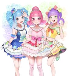  3girls :d absurdres bad_id bad_pixiv_id bare_legs berry_(shining_star) blue_dress blue_eyes blue_hair blunt_bangs bow bowtie bracelet closed_mouth commentary_request curly_hair decora detached_sleeves dress drill_hair feet_out_of_frame flower frilled_skirt frills gloves green_eyes green_footwear hairbow hand_up hat highres idol jewelry leg_up linea_alba looking_at_viewer midriff mini_hat multiple_girls ohisashiburi open_mouth over-kneehighs peach_(shining_star) pink_bow pink_eyes pink_hair purple_hair red_bow red_bowtie sailor_collar school_uniform serafuku shining_star shirt shoes short_hair short_sleeves skirt skirt_hold smile socks standing standing_on_one_leg tareme thighhighs tiara tilted_headwear twin_drills v vanilla_(shining_star) w white_flower white_gloves white_legwear yellow_bow yellow_shirt yellow_skirt zettai_ryouiki 