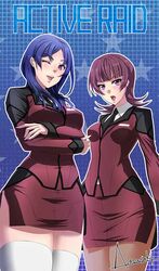  2girls active_raid blue_hair blush breasts brown_hair copyright_name hoshimiya_haruka kazari_asami lips long_hair multiple_girls necktie one_eye_closed open_mouth pantyhose purple_eyes skirt star suit thighhighs wink 