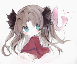  bad_id bad_pixiv_id barefoot black_ribbon blue_eyes blush bow brown_hair chibi closed_mouth commentary cottontailtokki dress fate/grand_order fate_(series) female full_body grey_background hair_between_eyes hair_ribbon hairbow head_tilt hood hood_down hooded_dress hoodie long_hair parted_bangs pink_bow red_dress ribbon simple_background sitting smile solo sparkle tohsaka_rin tohsaka_rin_(formalcraft) two_side_up very_long_hair yokozuwari 