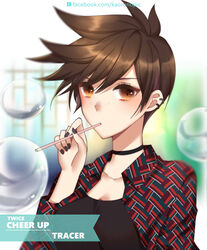  alternate_costume black_choker black_nails black_shirt blowing_bubbles blush brown_eyes brown_hair casual character_name chinese_commentary choker collarbone collared_jacket commentary_request ear_piercing english_text female fingernails highres holding jacket kaoruru_(sakuno2911) long_fingernails looking_at_viewer nail_polish no_harness open_clothes open_jacket overwatch overwatch_1 piercing print_jacket shirt short_hair soap_bubbles solo tracer_(overwatch) tsurime upper_body watermark web_address wing_collar 