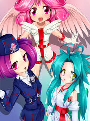  3girls absurdres ahoge aqua_hair detached_sleeves duel_monster effect_veiler everyone gloves hat highres injection_fairy_lily multiple_girls pink_eyes pink_hair red_eyes red_hair short_hair short_twintails shorts skull tour_guide_from_the_underworld twintails uniform wings yellow_eyes yu-gi-oh! yuu-gi-ou_duel_monsters 