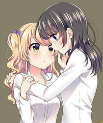  2girls :o black_hair blank_eyes blonde_hair blush bow breasts brown_background collarbone collared_shirt commentary_request dress_shirt hair_in_own_mouth hairbow hand_on_another&#039;s_arm hand_on_another&#039;s_shoulder ichinose_haruko long_hair long_sleeves medium_breasts multiple_girls nikaidou_natsuko one_side_up parted_lips profile purple_bow shirt simple_background swap_swap swept_bangs tareme tottoto_tomekichi upper_body wavy_hair white_shirt wing_collar yellow_eyes yuri 