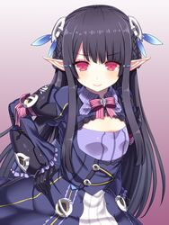  anette_(pso2) asamura_hiori black_gloves cleavage_cutout clothing_cutout commentary_request dress female gloves hair_ornament hairclip headgear highres long_hair long_sleeves looking_at_viewer phantasy_star phantasy_star_online_2 pointy_ears purple_hair red_eyes smile solo 