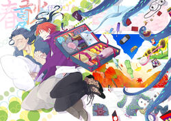  2boys bendan-daizi black_hair brush clock comb command_spell commentary_request cup fate/zero fate_(series) flower gilles_de_rais_(caster)_(fate) handheld_game_console jacket multiple_boys orange_hair photoshop_(medium) playstation_portable purple_jacket scalpel shoggoth sleep_mask suitcase sunflower tentacle toothbrush toothpaste toy uryuu_ryuunosuke 