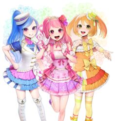  3girls :d absurdres ascot bad_id bad_pixiv_id blue_hair blush boots bow buttons capelet chae_na-ra choker colorful commentary_request detached_sleeves double-breasted flower glint gloves gold_trim hair_flower hair_ornament hand_on_own_hip hand_up hat highres idol knee_boots layered_skirt long_hair looking_at_viewer mini_hat multiple_girls musical_note ohisashiburi open_mouth orange_hair pastel_colors pink_bow pink_choker pink_eyes pink_hair pink_skirt pleated_skirt puffy_short_sleeves puffy_sleeves purple_eyes purple_flower purple_rose red_flower red_rose rose round_teeth shining_star short_sleeves skirt smile socks standing standing_on_one_leg teeth thighhighs tiara tilted_headwear twintails underbust vest waving white_capelet white_footwear white_gloves white_hat white_vest wristband yang_song-yi yellow_bow yellow_eyes yellow_legwear yoon_shi-a 