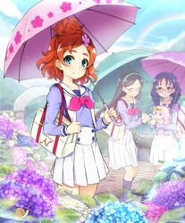  3girls :d ^_^ aqua_eyes bag black_hair blue_hair blush braid brown_hair closed_eyes cloud commentary_request flower glasses go!_princess_precure hairband haruno_haruka hydrangea kisaragi_reiko kneehighs long_hair minatsuki_randoseru multiple_girls nanase_yui noble_academy_school_uniform open_mouth outdoors pink_umbrella pleated_skirt precure protected_link puff_(go!_princess_precure) rainbow school_bag school_uniform serafuku skirt sky smile snail socks thick_eyebrows twin_braids umbrella white_skirt 